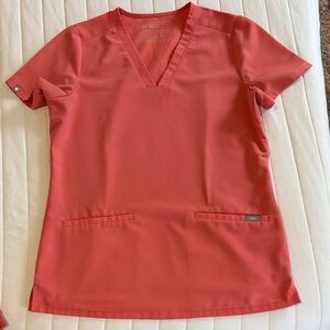 Figs Women's V-Neck Short Sleeve scrub Top and pants in Coral